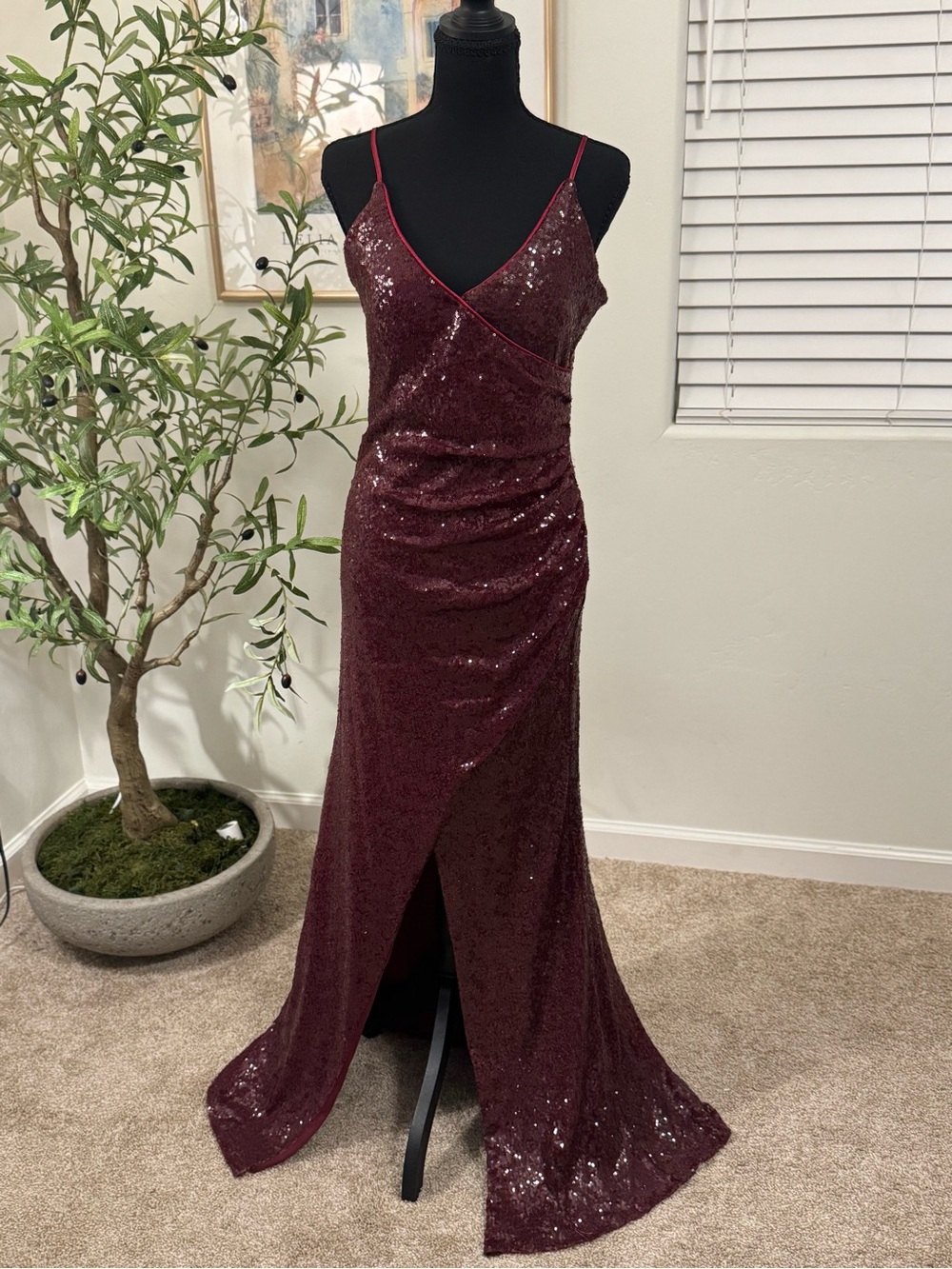 Trixxi Sequined Wine Red Spaghetti-Strap Maxi Gown
